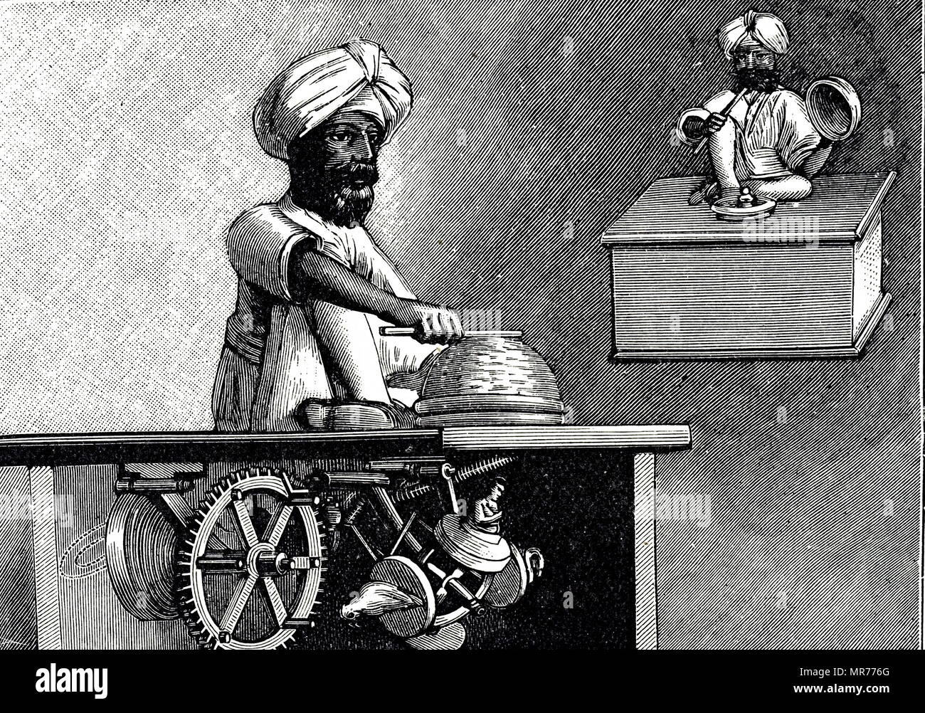 Gravure représentant un magicien indien. Entraîné par une horloge, le magicien inversé taraudé 'basket' avec sa baguette et ensuite soulevé le panier pour afficher un oiseau, une figure féminine, un serpent, ou un tas de fruits. En date du 19e siècle Banque D'Images