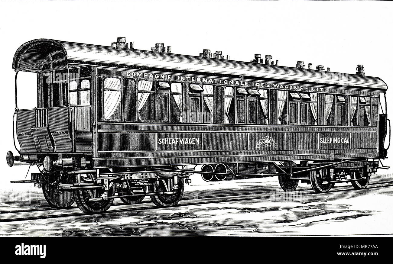 Gravure représentant l'extérieur d'une voiture-lits de l'Orient Express. En date du 19e siècle Banque D'Images