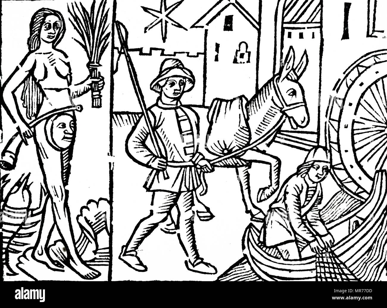 La gravure sur bois de Shepherds Kalendar - La lune était considérée comme une planète féminine, humide et froid. Ceux qui sont nés sous la lune j'ai adoré la géométrie et les arts connexes, et étaient de tempérament phlegmatique. Son metal était l'argent, sa saison de printemps et de l'eau entre ses éléments. La Lune était sympathique à Jupiter et hostile sur Mars. Le vendredi était jour et c'est vendredi c'est la nuit, et il n'avait qu'une chambre, le cancer. En date du 18e siècle Banque D'Images