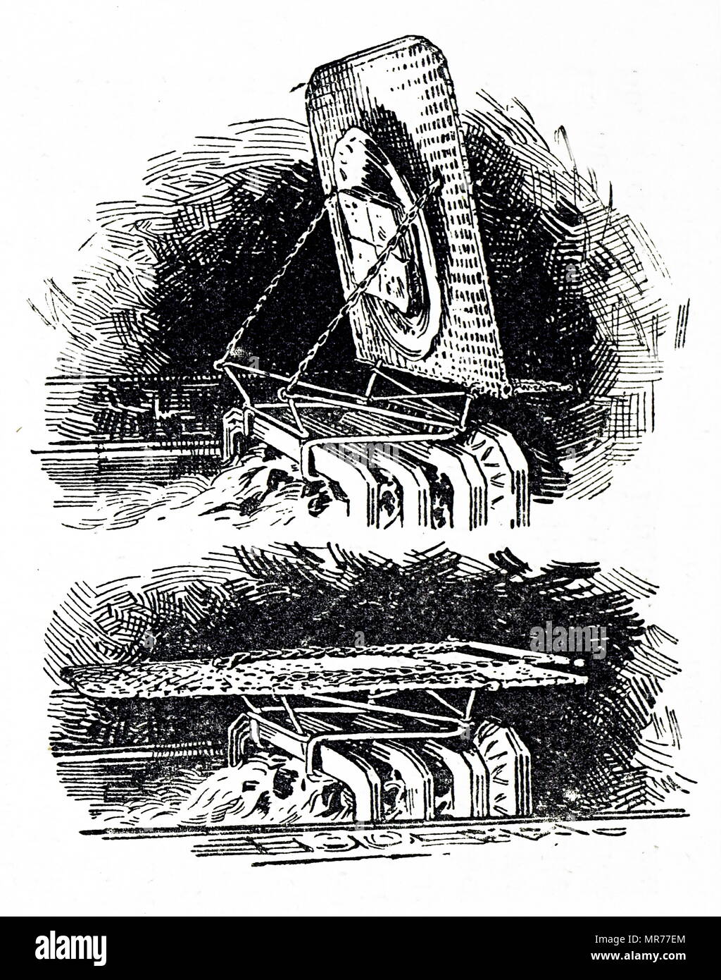 Gravure représentant une maille en laiton fire guard accroché à une grille. En date du 19e siècle Banque D'Images