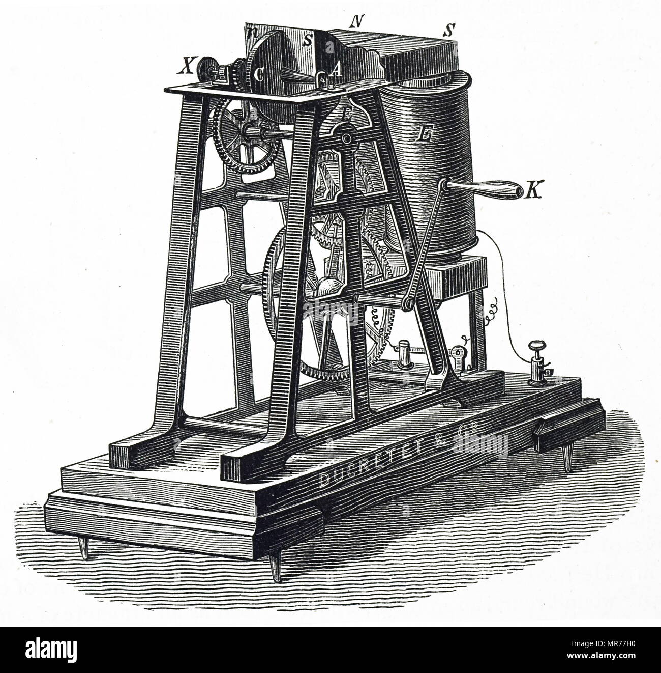 Gravure représentant Léon Foucault's machine pour produire un courant dans une plaque de cuivre C). Léon Foucault (1819-1868) Physicien français connu pour sa démonstration du pendule de Foucault, un appareil démontrant l'effet de la rotation de la Terre. En date du 19e siècle Banque D'Images