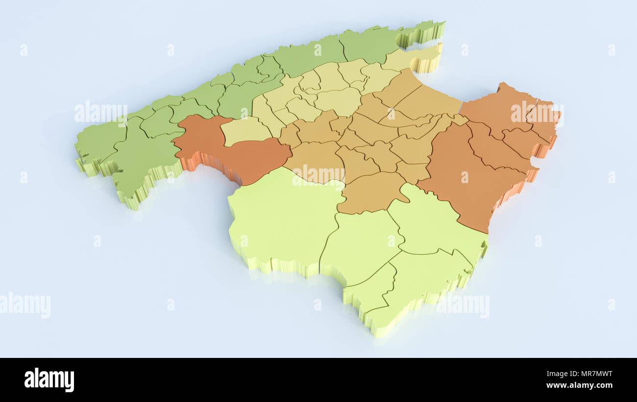 La carte de Majorque avec tous les domaines. Rendu 3D très détaillées Banque D'Images