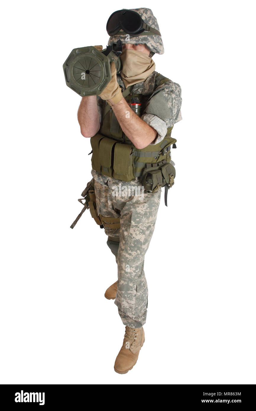 Soldat de l'armée américaine avec AU4 Rocket Launcher isolated on white Banque D'Images