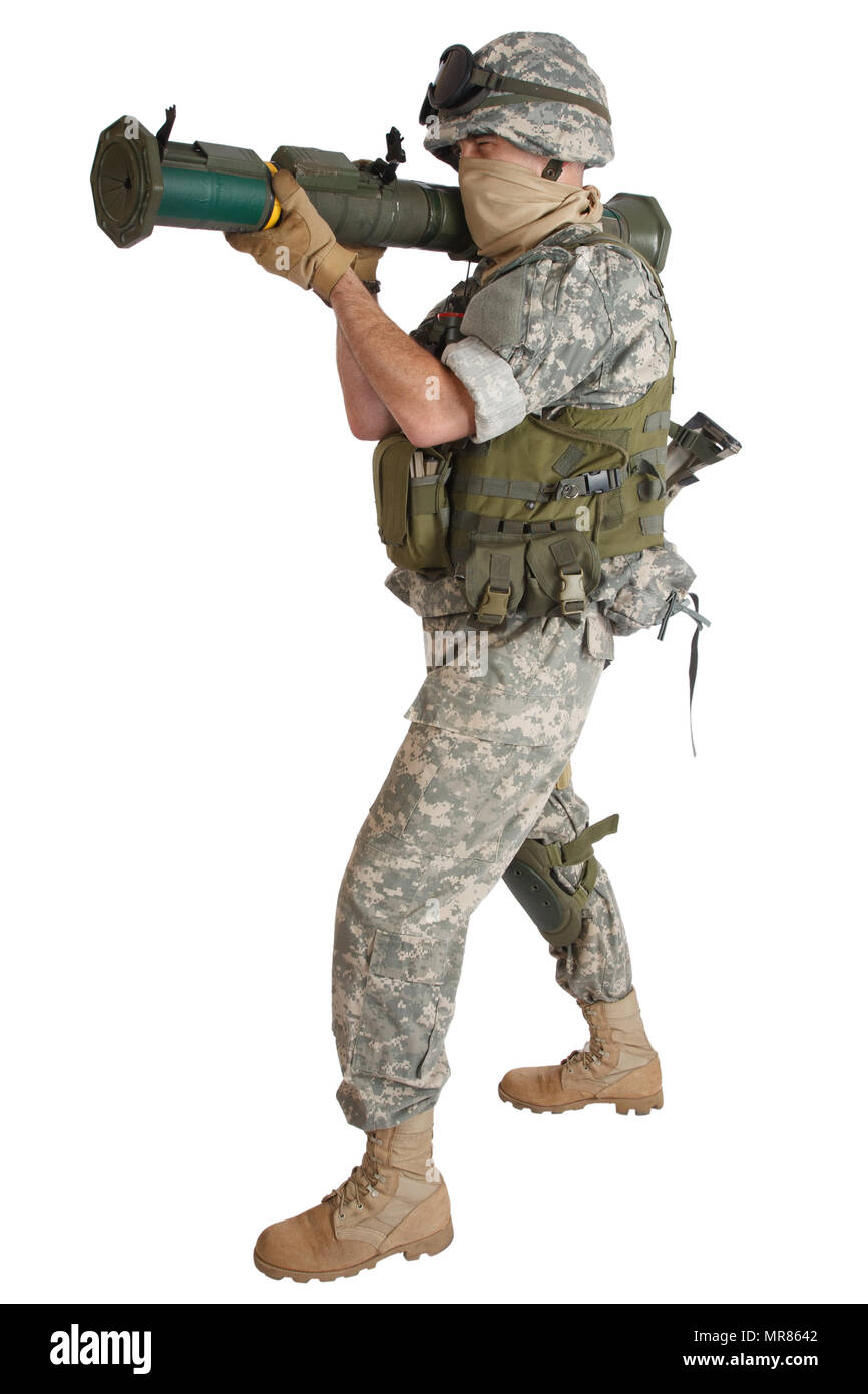 Soldat de l'armée américaine avec AU4 Rocket Launcher isolated on white Banque D'Images