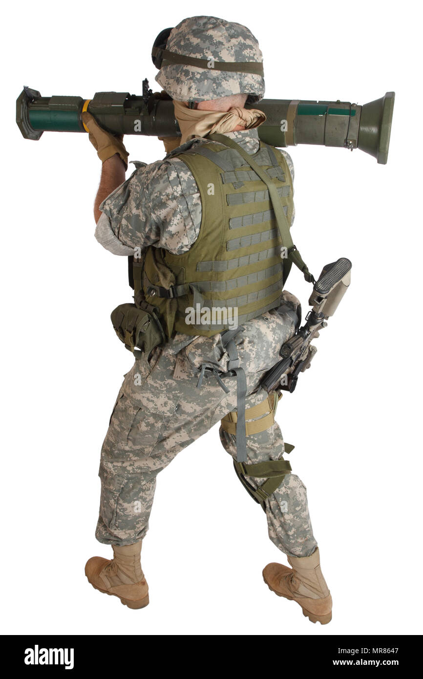 Soldat de l'armée américaine avec AU4 Rocket Launcher isolated on white Banque D'Images