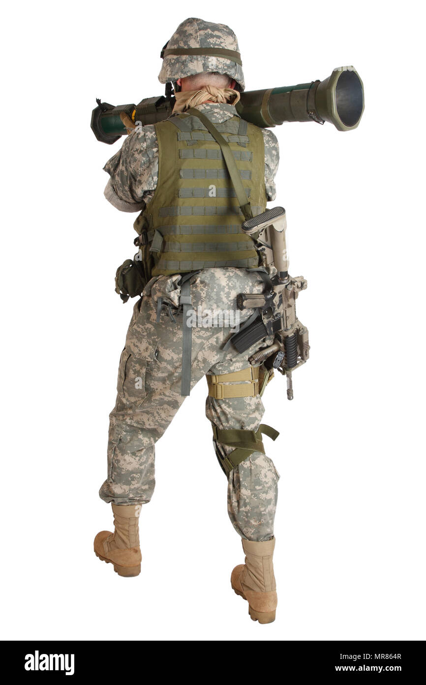 Soldat de l'armée américaine avec AU4 Rocket Launcher isolated on white Banque D'Images
