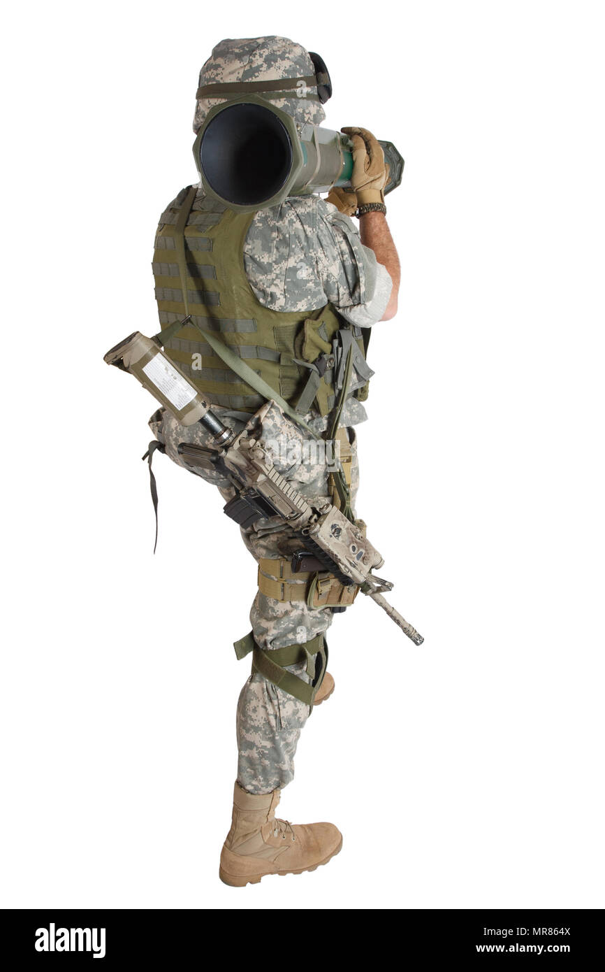 Soldat de l'armée américaine avec AU4 Rocket Launcher isolated on white Banque D'Images