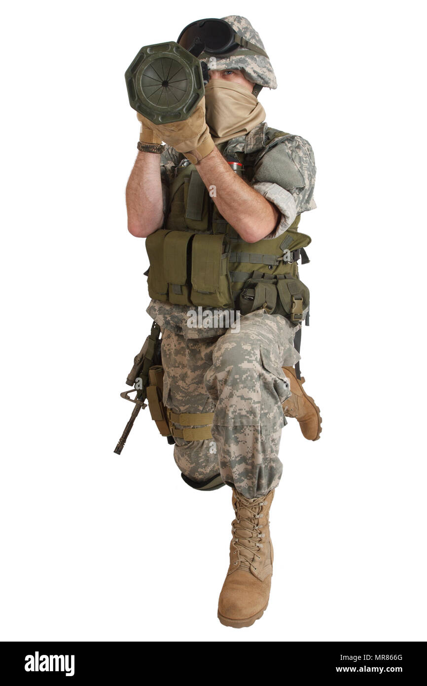 Soldat de l'armée américaine avec AU4 Rocket Launcher isolated on white Banque D'Images