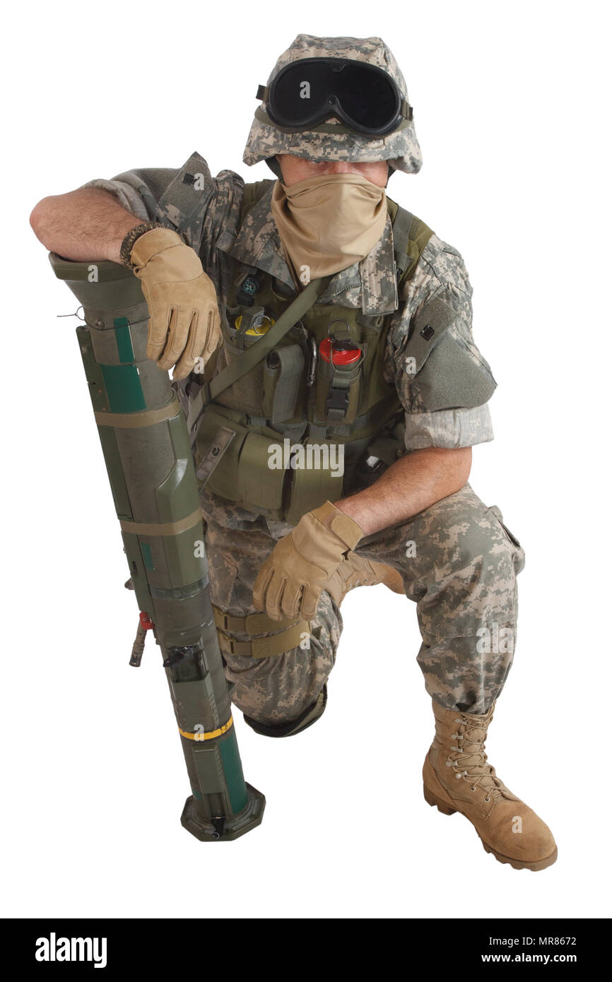 Soldat de l'armée américaine avec AU4 Rocket Launcher isolated on white Banque D'Images