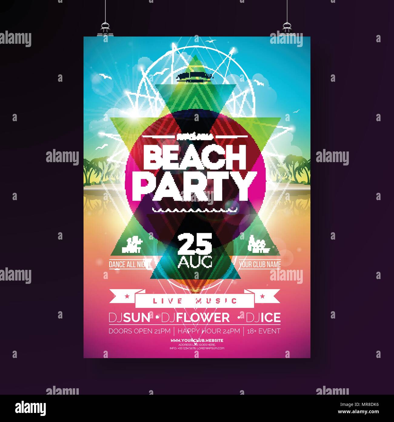 Beach Party d'été vecteur flyer design avec des éléments typographiques et de forme géométrique de couleurs abstraites sur fond landsape tropical. Modèle de conception de bannière, flyer, invitation, de l'affiche. Illustration de Vecteur