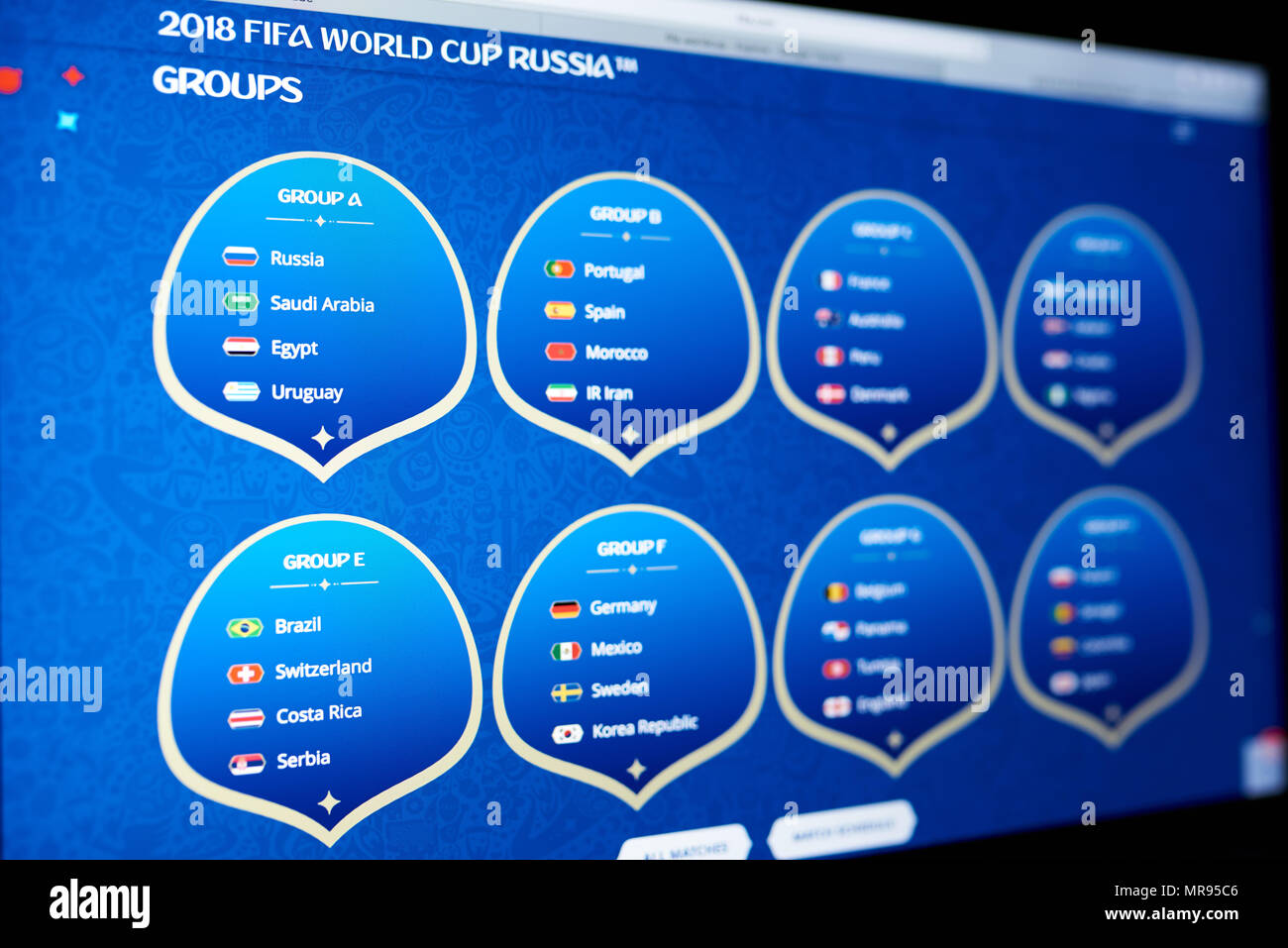 New York, USA - Mai 25, 2018 Coupe du monde FIFA 2018 : équipe nationale table sur un écran d'ordinateur portable Banque D'Images