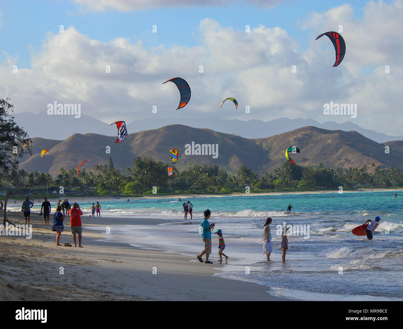Le kite surf à Lanikai Beach Oahu, Hawaii Banque D'Images