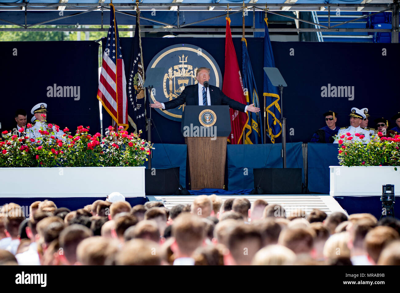 Au Maryland, aux États-Unis. 25 mai, 2018. 25 mai 2018, Annapolis, Maryland - Ouverture à l'United States Naval Academy. Le président des États-Unis, Donald J. Trump, était le conférencier pour la classe de 2018. Crédit : Michael Jordan/ZUMA/Alamy Fil Live News Banque D'Images