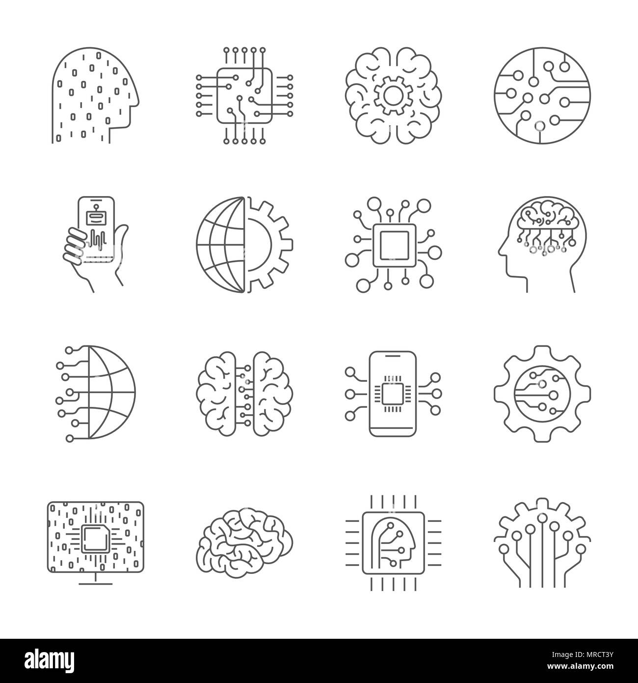 L'intelligence artificielle. AI icon set. Des pictogrammes simples pack. Illustration vecteur de course sur un fond blanc. Collection d'icônes de style contour moderne Illustration de Vecteur