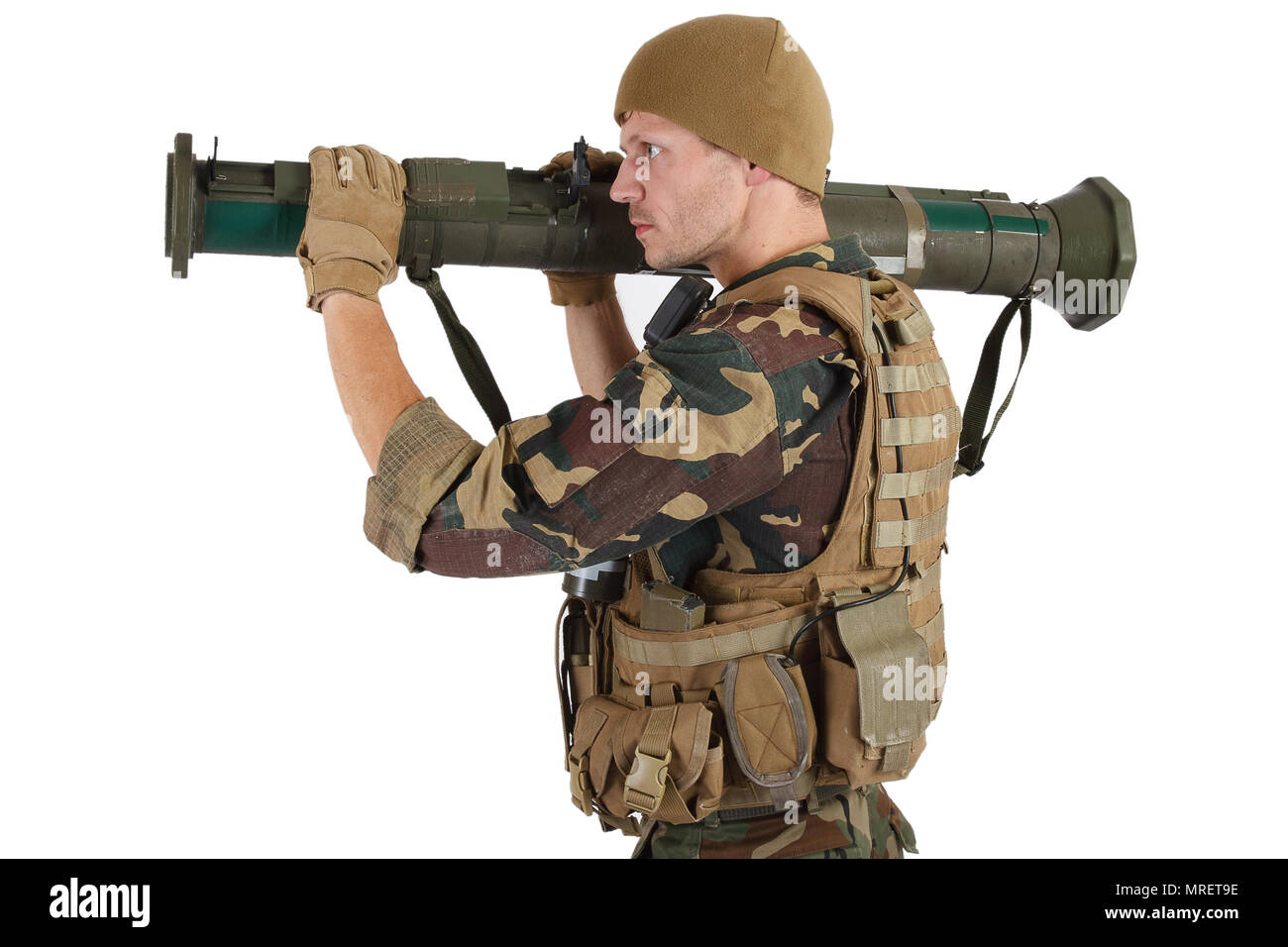 Avec l'opérateur de la Société militaire privée à4 Rocket Launcher isolated on white Banque D'Images