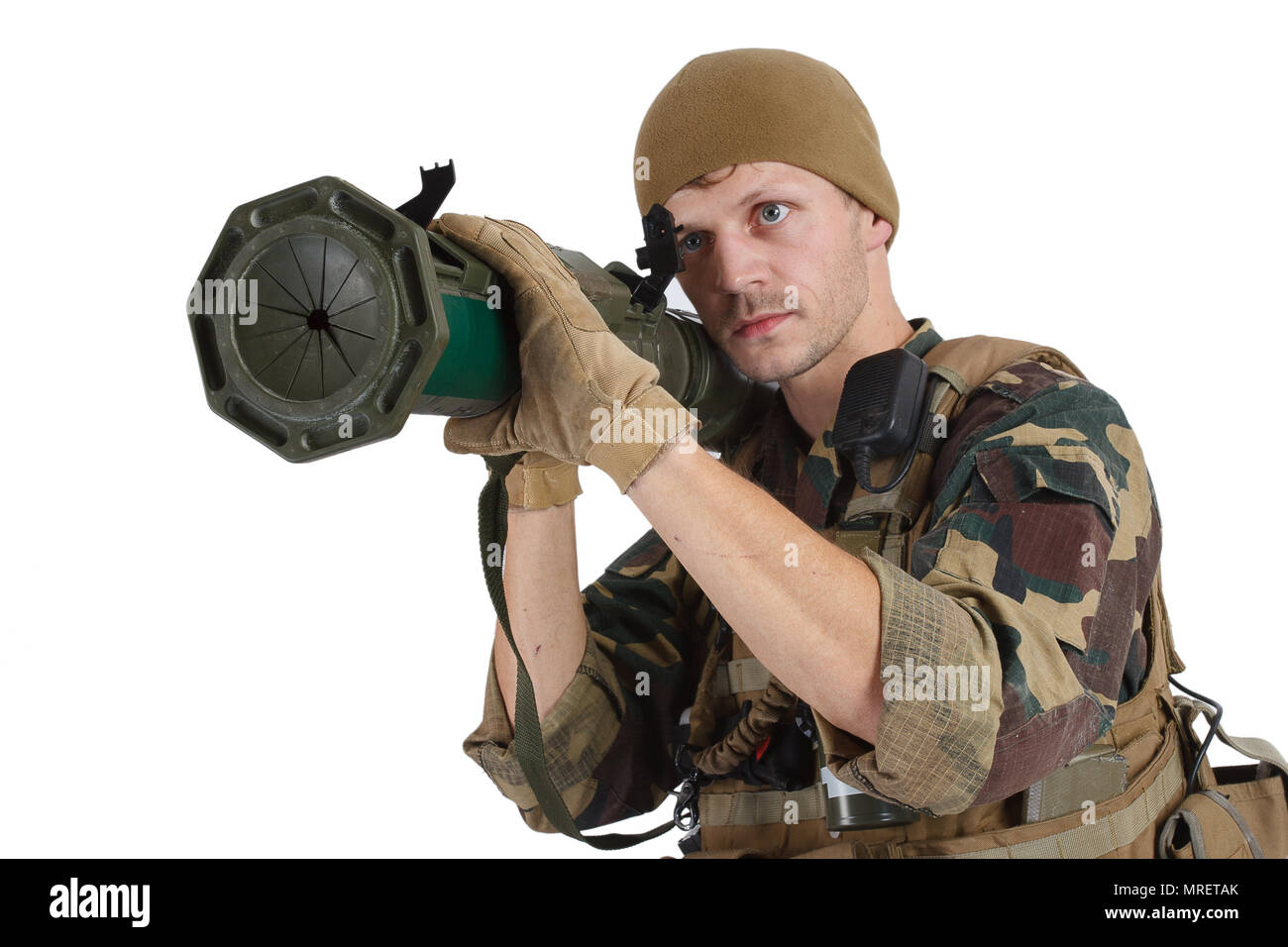Avec l'opérateur de la Société militaire privée à4 Rocket Launcher isolated on white Banque D'Images