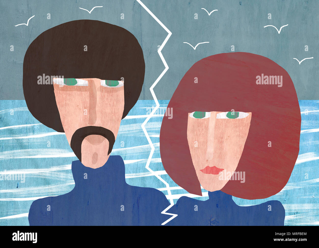 Conflit entre l'homme et de la femme. Originaux faits à la main ralationships malheureuse illustration de. La technique de l'auteur avec forme de textures différentes. Banque D'Images