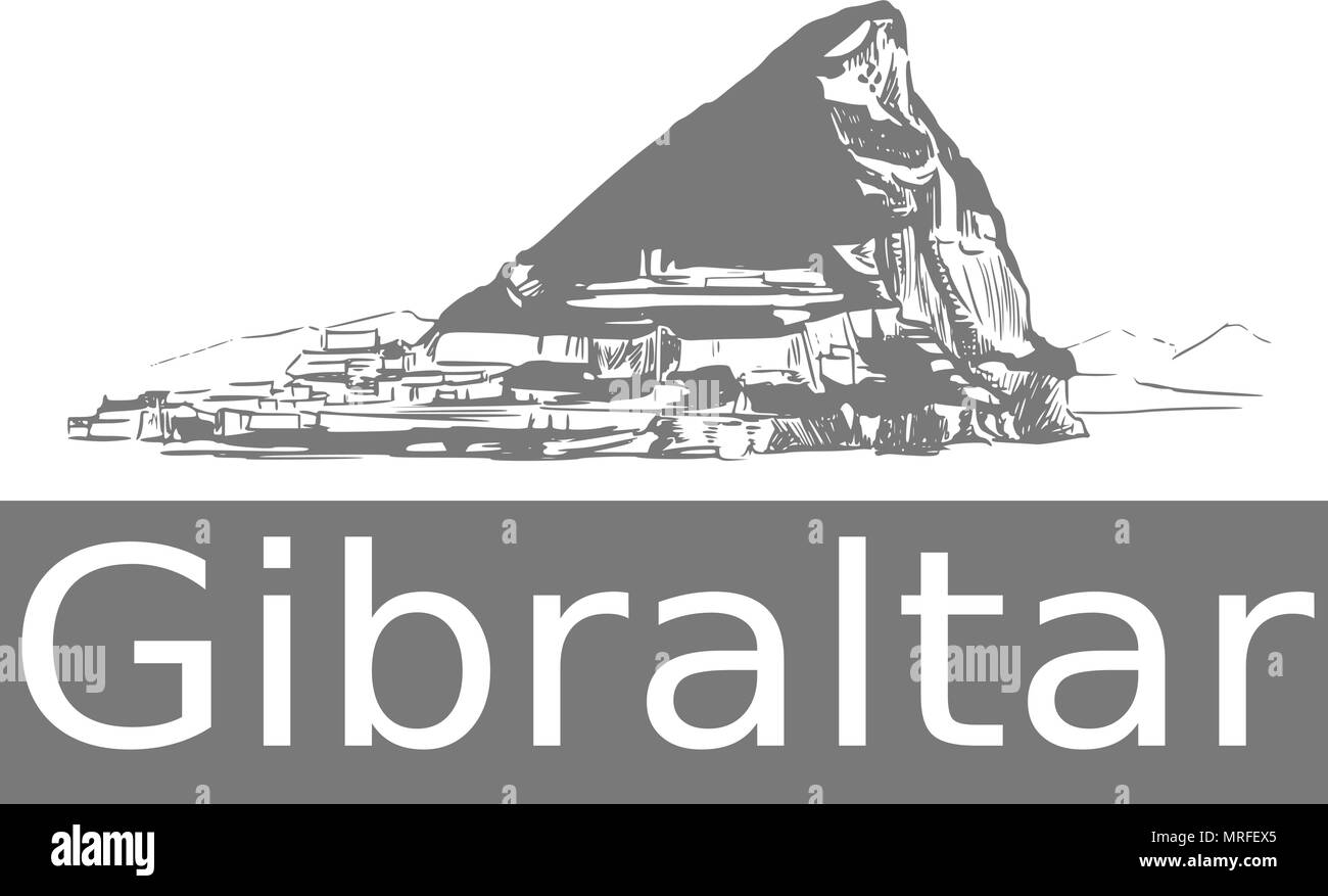 Vector Handdrawn de Gibraltar. Le célèbre rocher de Gibraltar. Connu sous le nom de colonnes d'Hercule, le territoire britannique d'outre-mer dans le sud de l'Europe. Illustration de Vecteur