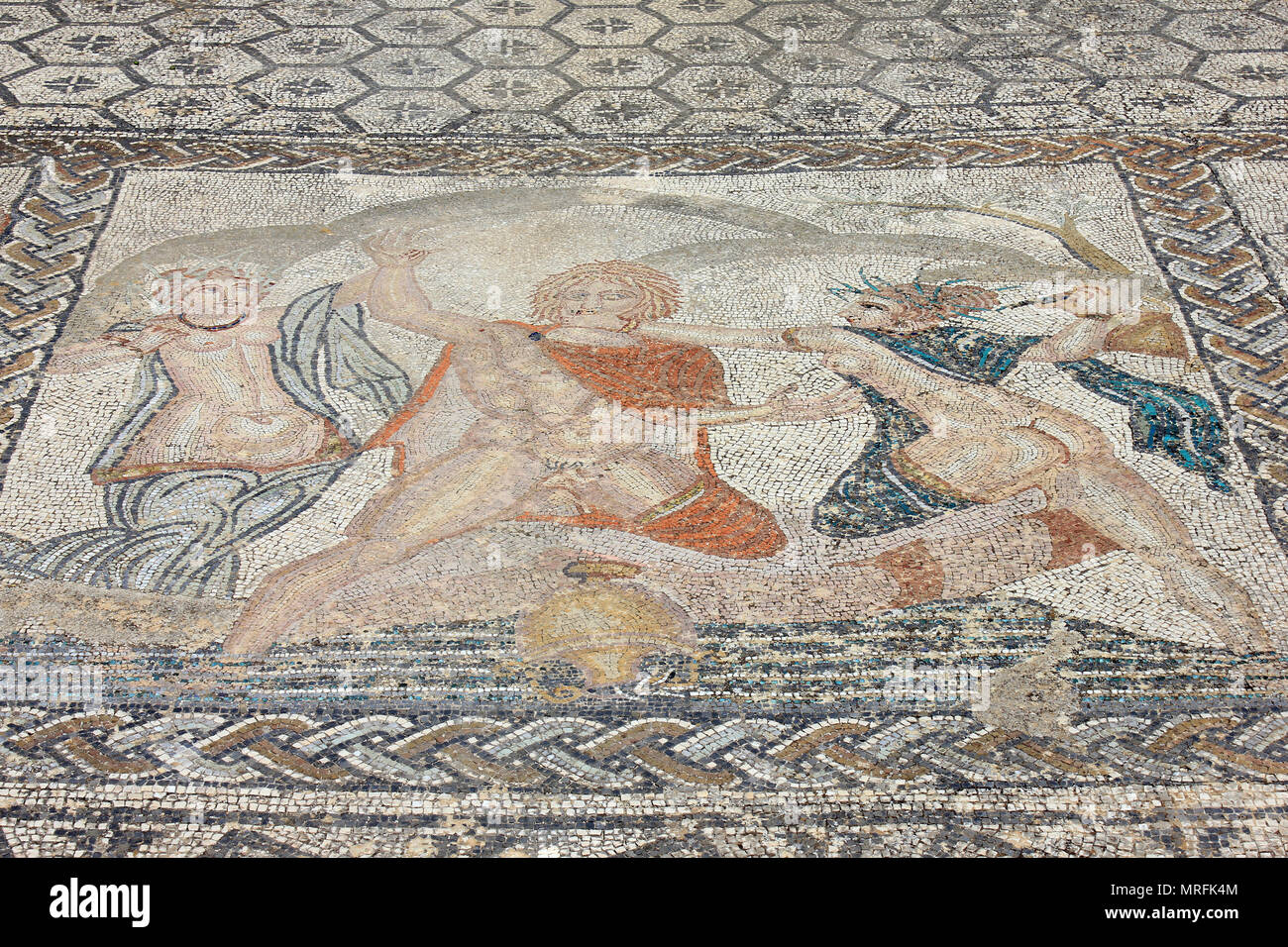 Volubilis, sol en mosaïque, l'enlèvement d'HYLAS par les Nymphes Banque D'Images