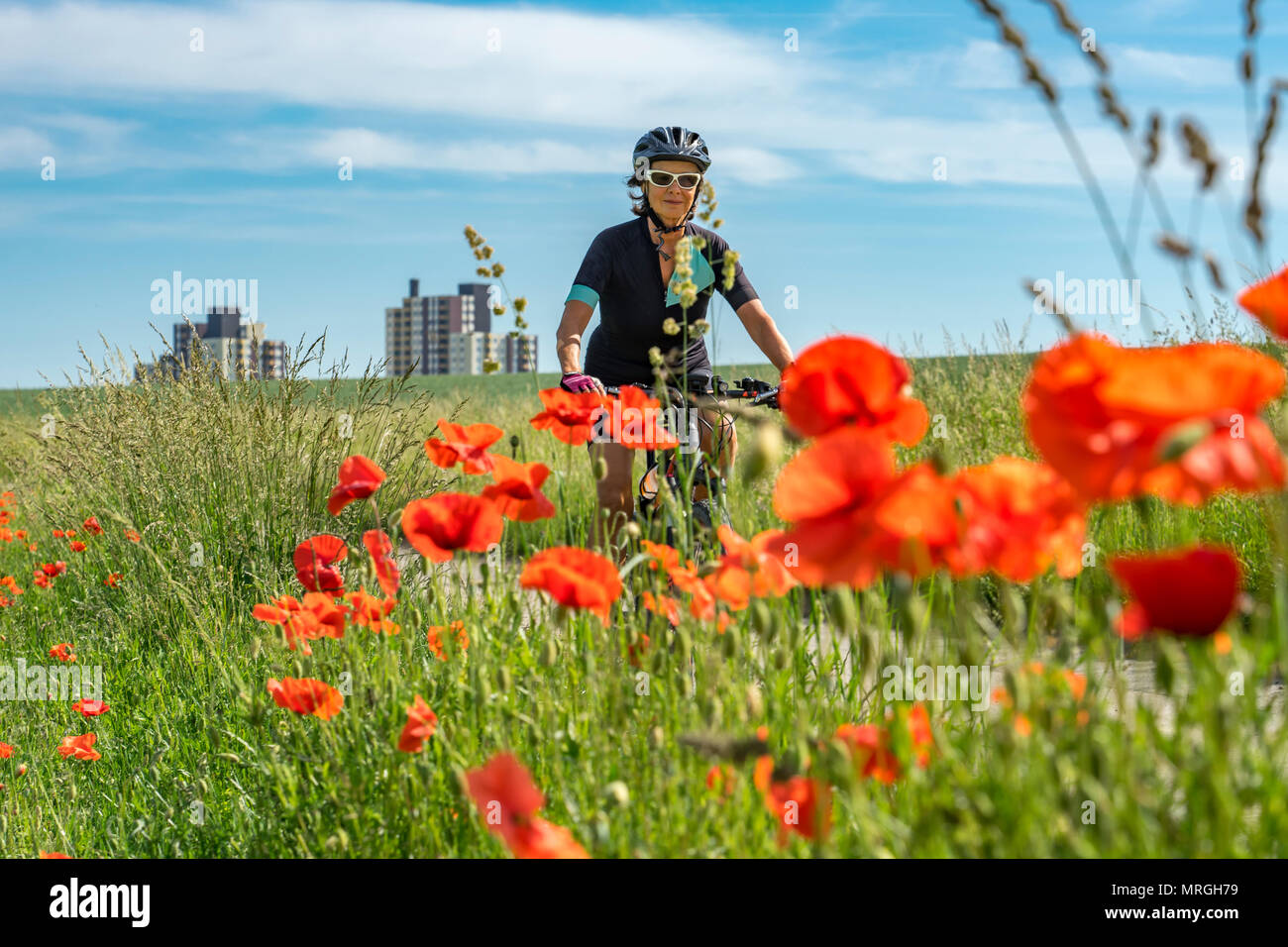 Nice senior woman riding a e-Mountainbike dans la banlieue d'une grande ville, entourée de champs verts et rouge coquelicot Banque D'Images