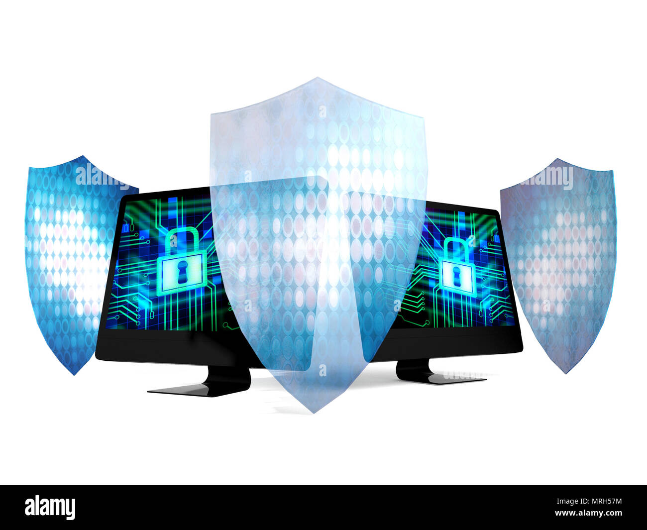 Les ordinateurs personnels protégés par le système de sécurité et la technologie concept de sécurité des données, les boucliers Banque D'Images