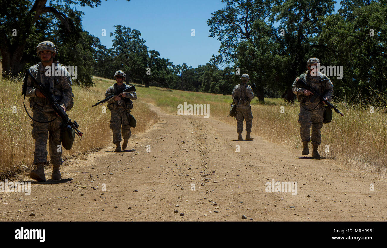 (De gauche à droite) de la CPS de l'armée américaine. Edgar Burgos, le s.. Tim Walsh, Sgt. William Kalivas, et le 1er lieutenant Colin O'Donnell, 822e Détachement de transport hors de Brockton, Massachusetts, fournir de l'unité de reconnaissance pour leur camp site sur le terrain pour la 91e Division de la formation de l'exercice guerrier (WAREX) 91-17-03 sur le Fort Hunter Liggett, Californie le 15 juin 2017. Afin de s'assurer que leur camp site est sécurisé, la zone doit être repéré ; les soldats doivent effectuer toutes les fonctions comme ils le feraient dans une zone de combat, c'est le but du WAREX, afin d'être capable de combattre les troupes. (U.S. Arm Banque D'Images
