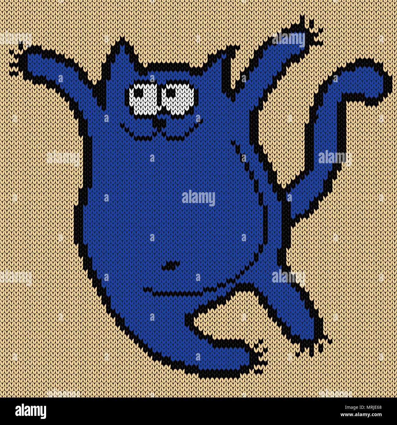 Drôle et fat cat bleu rebondit joyeusement sur le fond beige, knitting pattern vecteur comme une texture de tissu Illustration de Vecteur