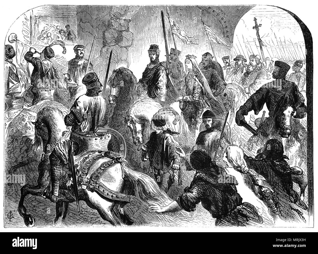 Le futur Roi Henri II (Queen) et d'Aliénor d'Aquitaine équitation dans à Winchester, Hampshire, Angleterre en 1153, à signer le Traité de Winchester, qui a déclaré qu'il a pu conserver le royaume à la condition qu'il adopter Henry comme son fils et héritier. Banque D'Images