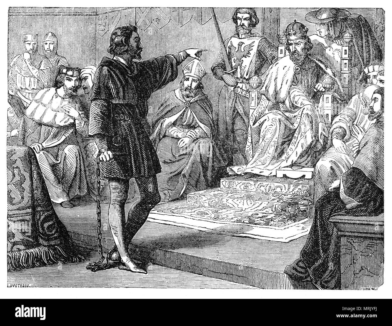 Après la 3ème croisade, le roi Richard I , sous la forme d'un Templier, s'embarqua à Corfou, mais son navire fait naufrage près d'Aquilée, obligeant Richard et son parti dans une dangereuse voie terrestre à travers l'Europe centrale. Sur son chemin vers le territoire de son beau-frère de Henri le Lion, Richard a été capturé peu avant Noël 1192, près de Vienne, par les soldats autrichiens de Léopold V, Duc d'Autriche, qui a accusé Richard d'organiser l'assassinat de son cousin Conrad de Montferrat. À la suite de négociations ll'année suivante avec divers intérêts Richard a comparu devant le régime allemand. Banque D'Images