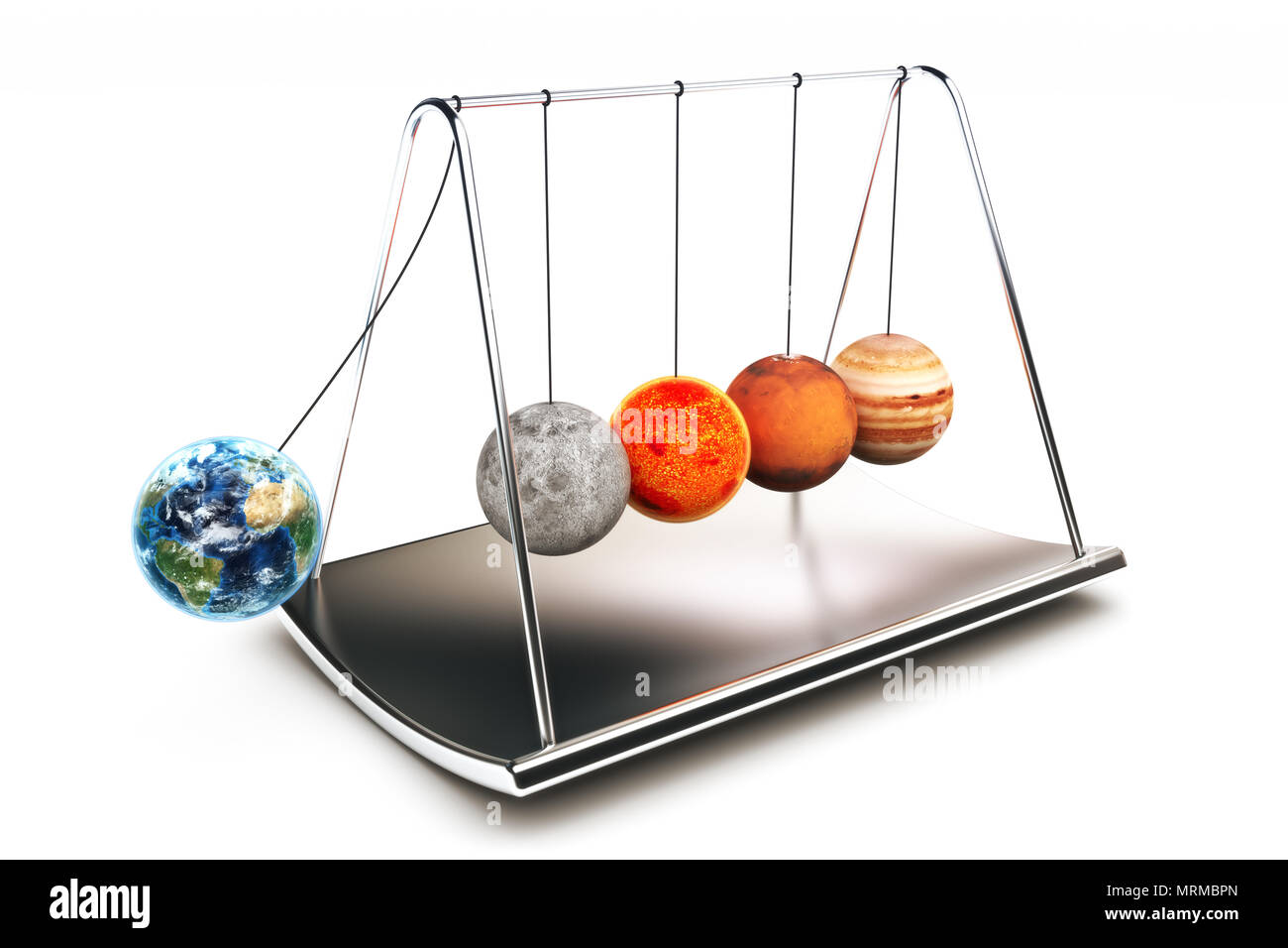 Boules de Newton concepts avec planètes ,isolé sur fond blanc, 300 D.P.I. textures sont de www.NASA.gov Banque D'Images