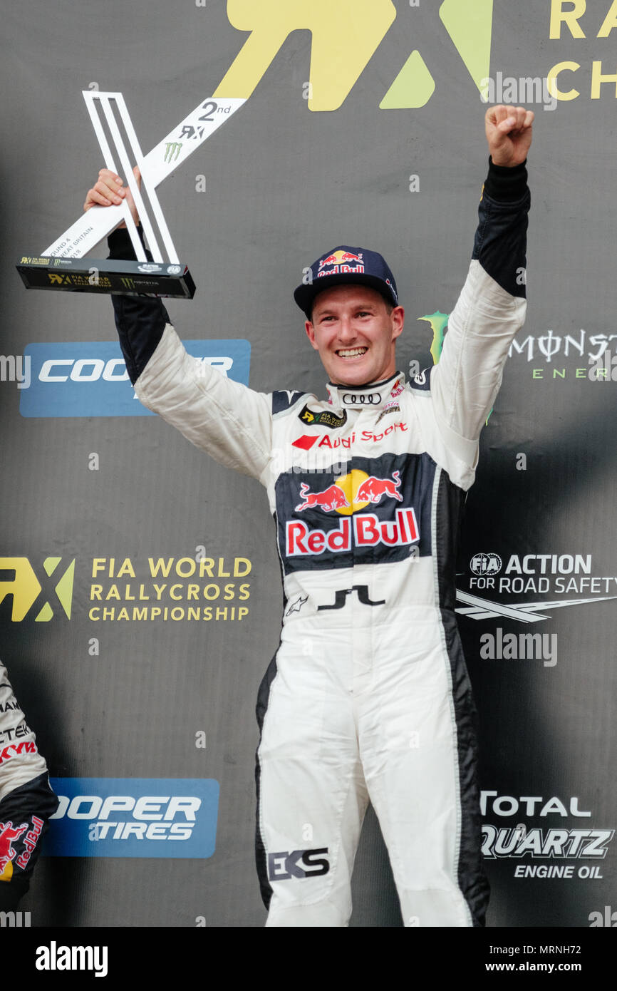 Towcester, Northamptonshire, Angleterre. 27 mai, 2018. Du Monde FIA Rallycross conducteur Andreas Bakkerud (NI) et Audi Sport EKS célèbre 2e place de l'Organisation mondiale de pneus Cooper RX de Grande-Bretagne à Silverstone (photo de Gergo Toth / Alamy Live News) Banque D'Images