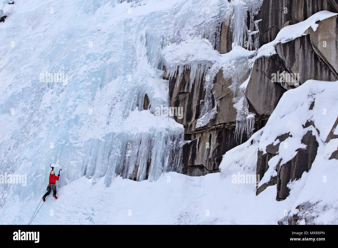 Un homme l'escalade sur glace à Lee Vining Banque D'Images
