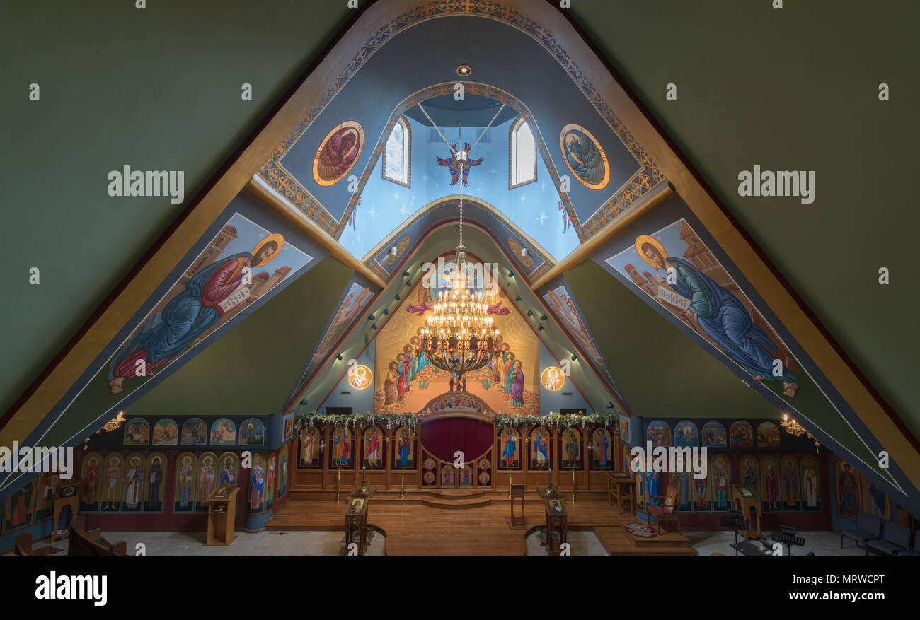 Ben Lomond, Californie - le 24 mai 2018 : Intérieur des Saints Pierre et Paul Eglise orthodoxe antiochien. Banque D'Images