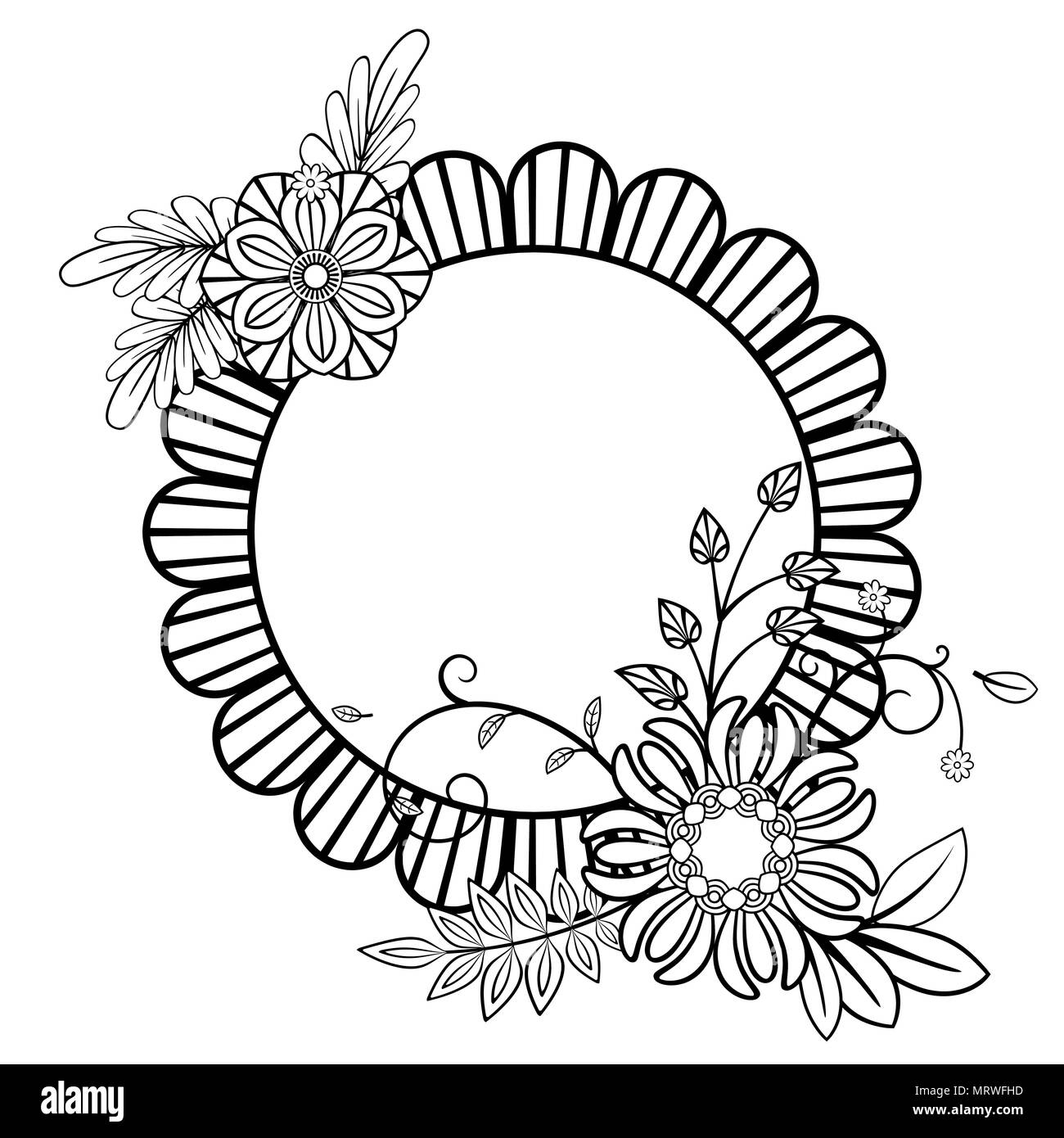 Cadre décoratif fleurs. Isolé sur fond blanc. Monochrome Floral ornament. Vector illustration noir et blanc. Illustration de Vecteur