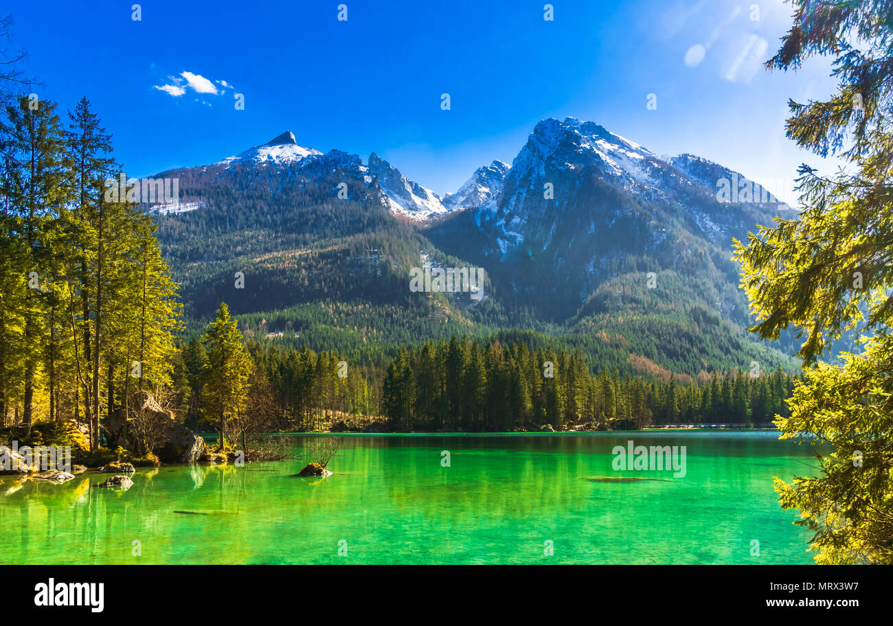 Vue idyllique sur le lac Hintersee dans les Alpes bavaroises - Allemagne Banque D'Images