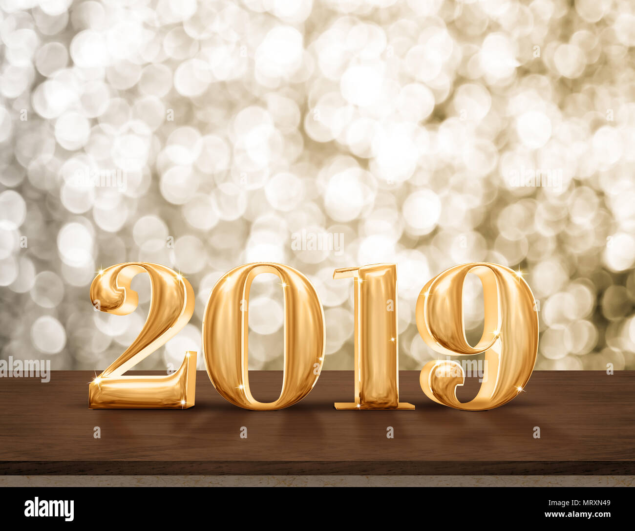 Bonne Année 2019 brillant d'or avec étoile scintillante sur table avec de l'or brun foncé,mur bokeh maison de célébration festive concept.copier l'espace pour afficher Banque D'Images