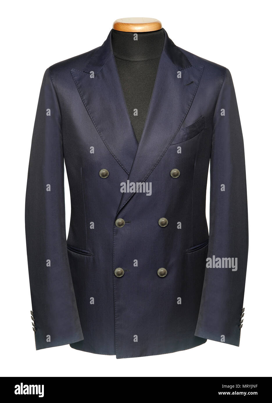 Double-breasted jacket bleu sur noir mannequin against white background Banque D'Images