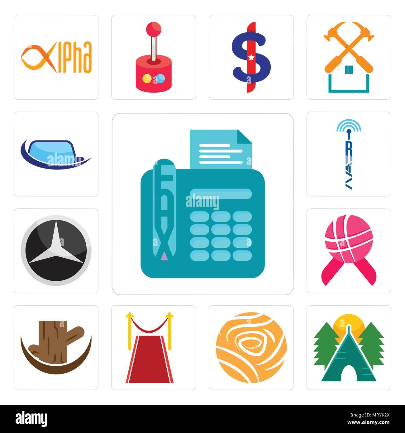 Ensemble de 13 icônes modifiable simple tel que fax, camping, Golden Rose, tapis, souche d'arbre, la Journée mondiale contre le cancer, Mercedes, tour radio, auto glass peut être utiliser Illustration de Vecteur