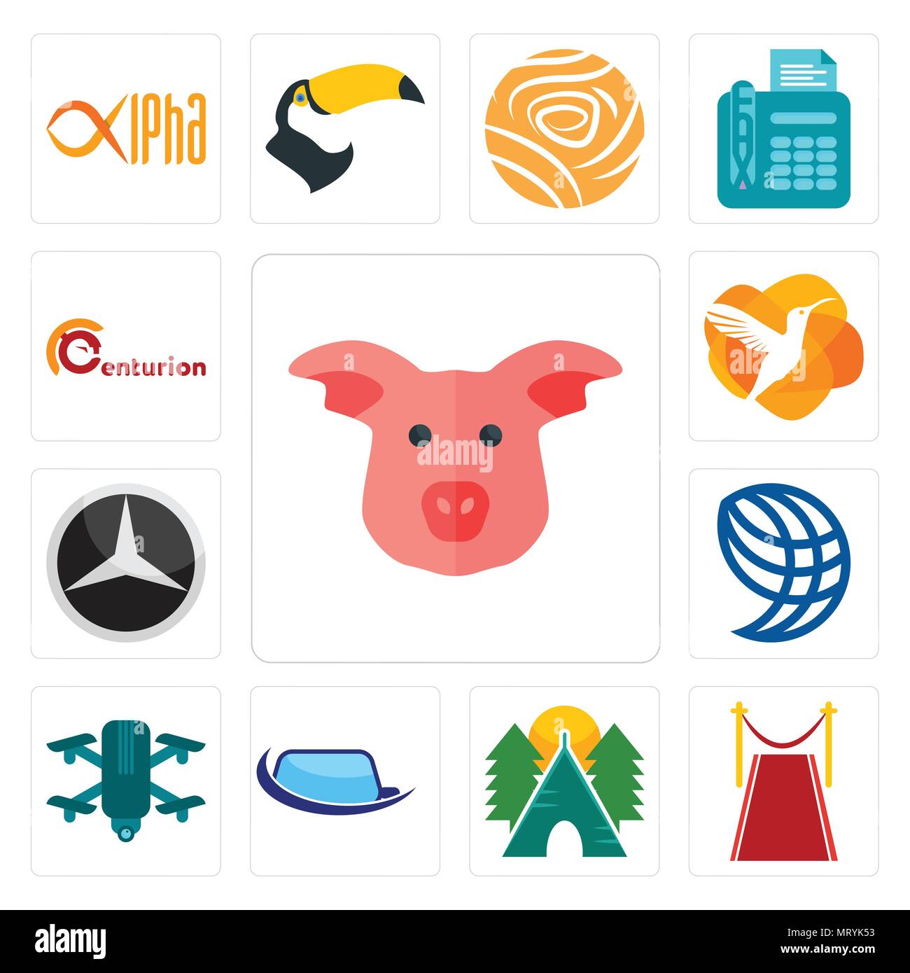 Ensemble de 13 icônes comme modifiable simple face de porc, de tapis, de camping, de vitre, quadcopter, wire globe, Mercedes, Humming Bird, centurion peut être utilisé Illustration de Vecteur