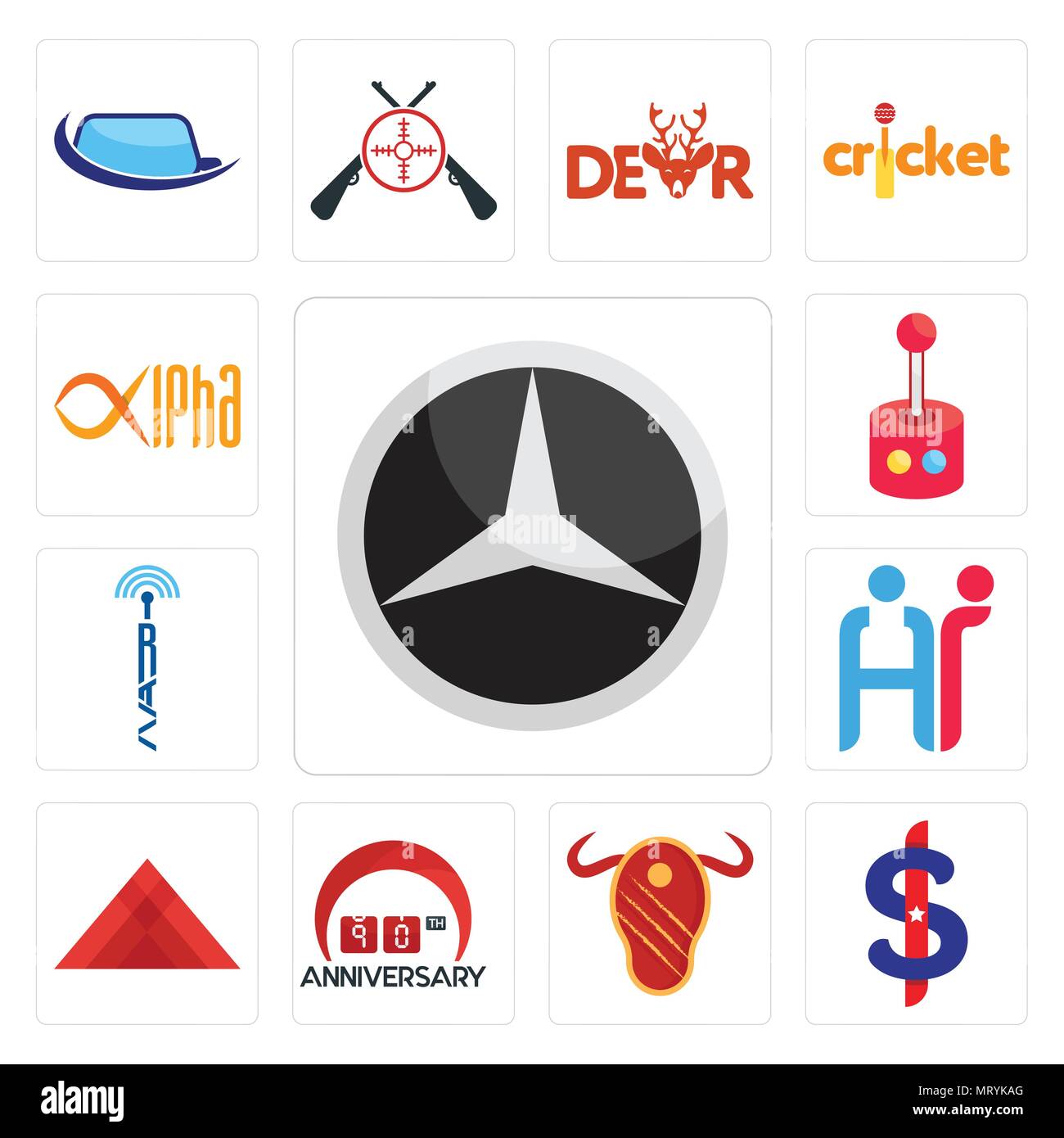 Ensemble de 13 icônes modifiable simple comme Mercedes, US dollar, steak house, 90e anniversaire, pyramide, RH, tour radio, retropie, alpha peut être utilisé pour Illustration de Vecteur