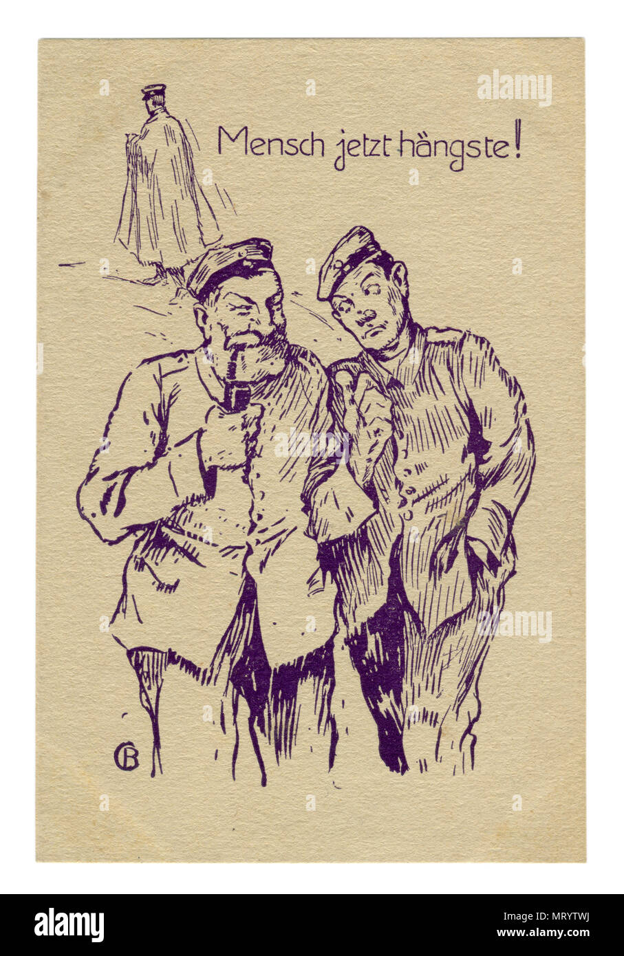 Carte postale historique allemand : croquis au crayon violet. Jeunes et vieux soldat expérimenté et responsable. Fumer une pipe. L'humour. la première guerre mondiale 1914-1918. Allemagne Banque D'Images