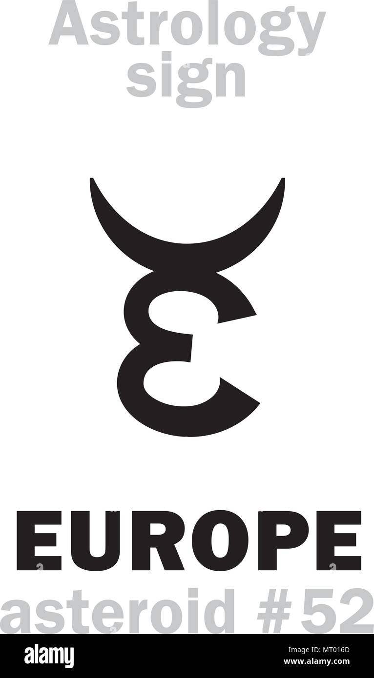 Alphabet d'astrologie : l'Europe, l'astéroïde n° 52. Caractères hiéroglyphes signe (symbole unique). Illustration de Vecteur