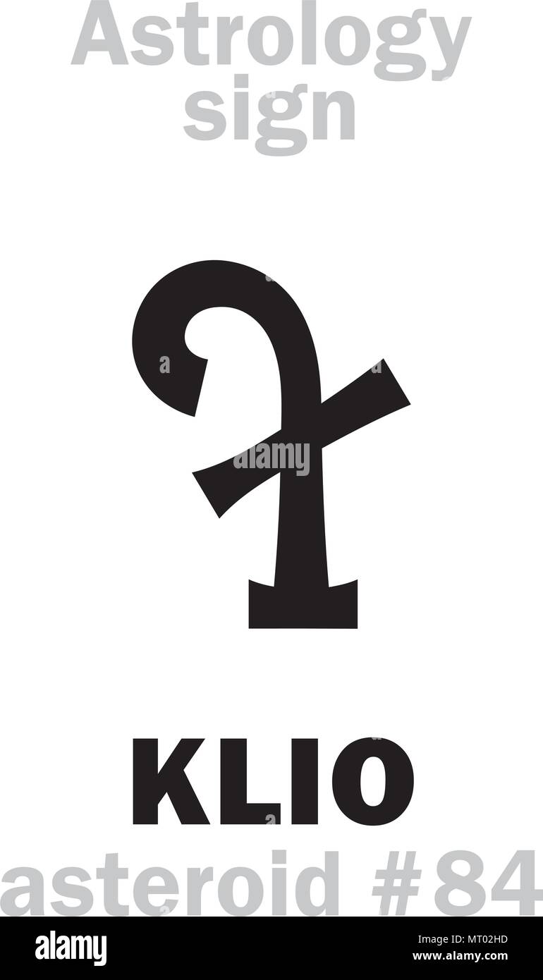 Alphabet d'astrologie : KLIO (muse de l'histoire), l'astéroïde n°84. Caractères hiéroglyphes signe (symbole unique). Illustration de Vecteur