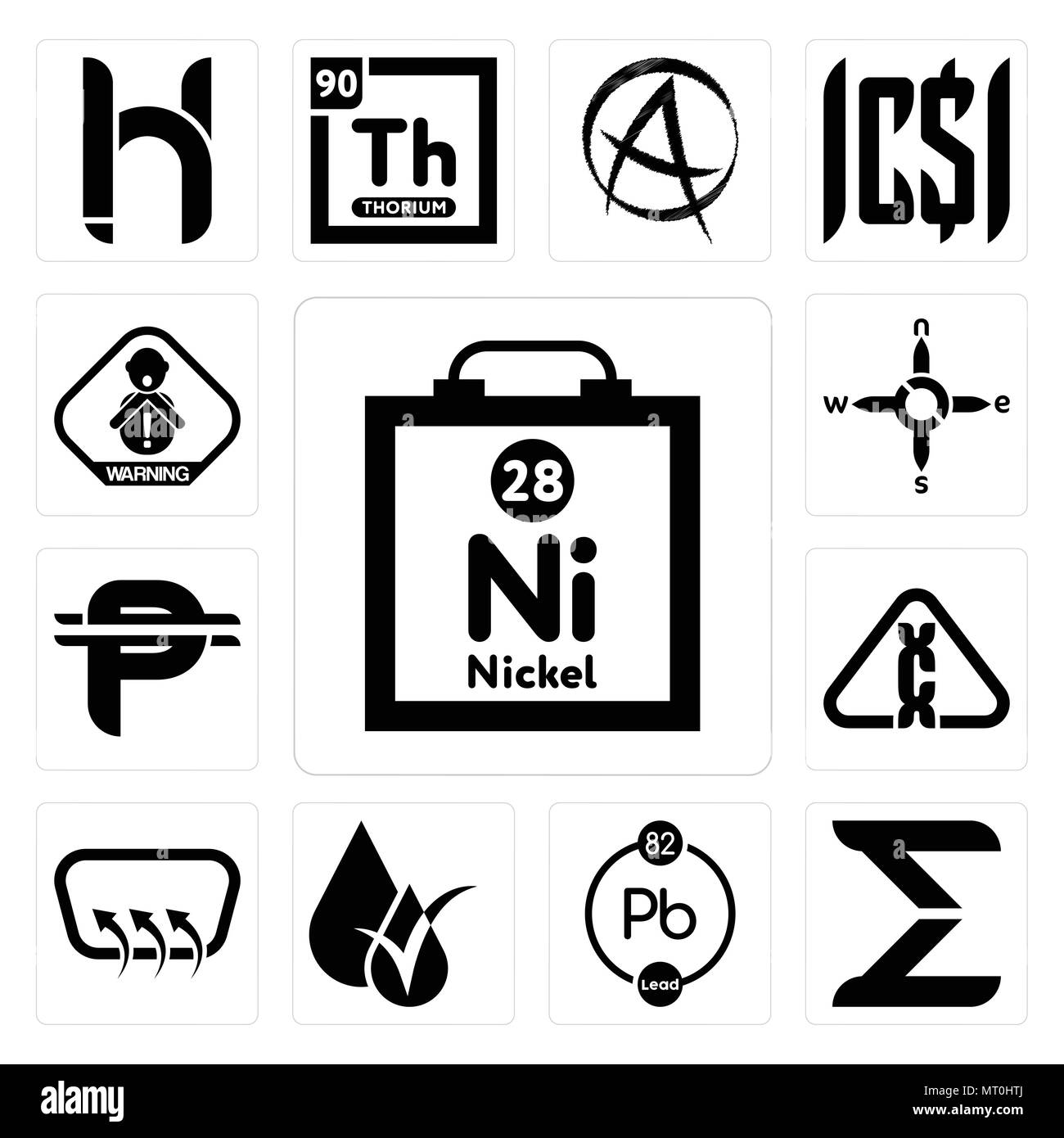 Ensemble de 13 icônes modifiable simple comme le nickel, sigma, chimiques, hypoallergénique, le dégivreur, cancérogène, peso cubain, n s e w, risque d'étouffement peut être utiliser Illustration de Vecteur