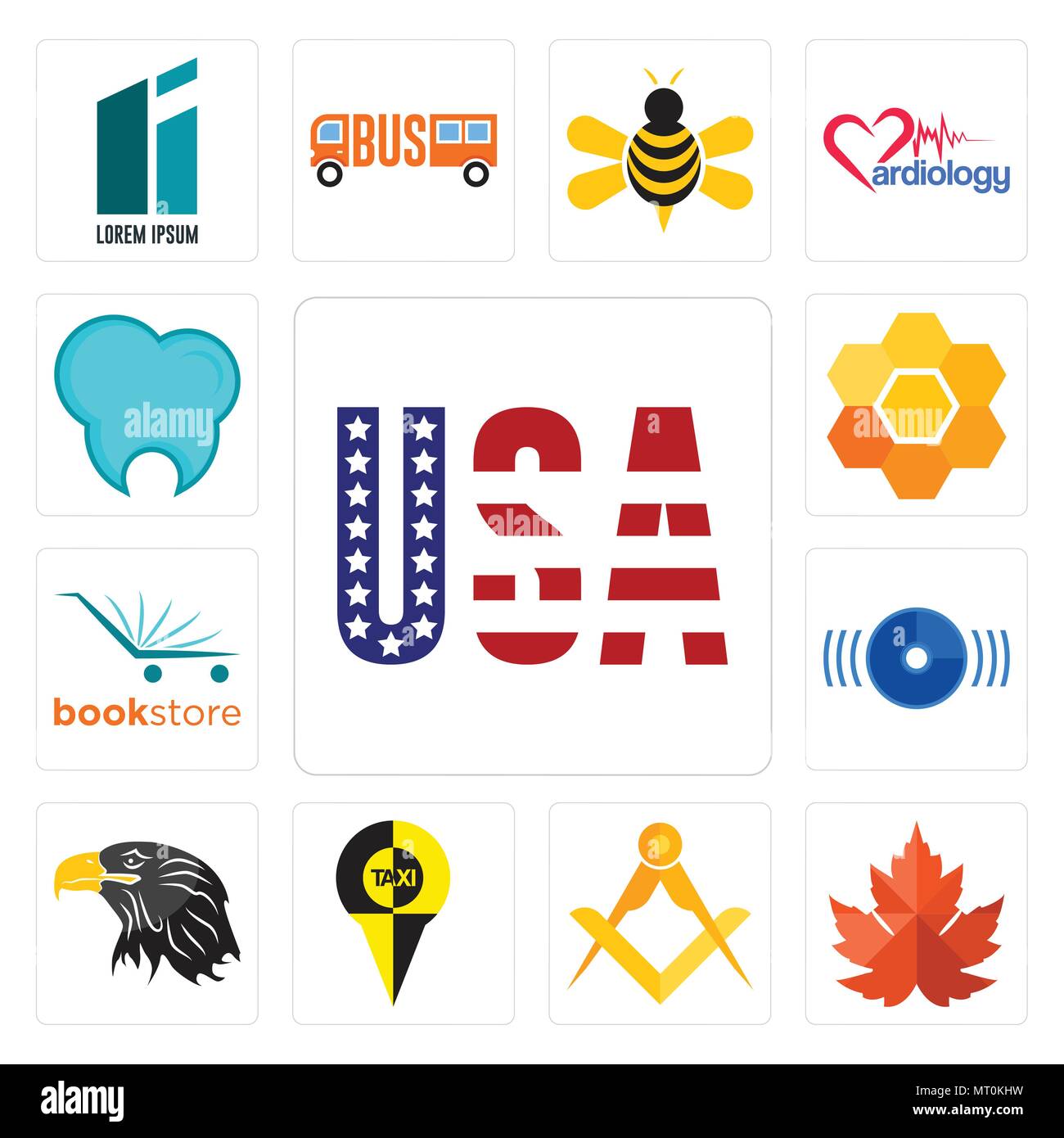 Ensemble de 13 icônes modifiable simple comme le drapeau américain, maple leaf, masonic, , eagle head, disque, librairie, Honeycomb, clinique dentaire peut être utilisé pour le mo Illustration de Vecteur