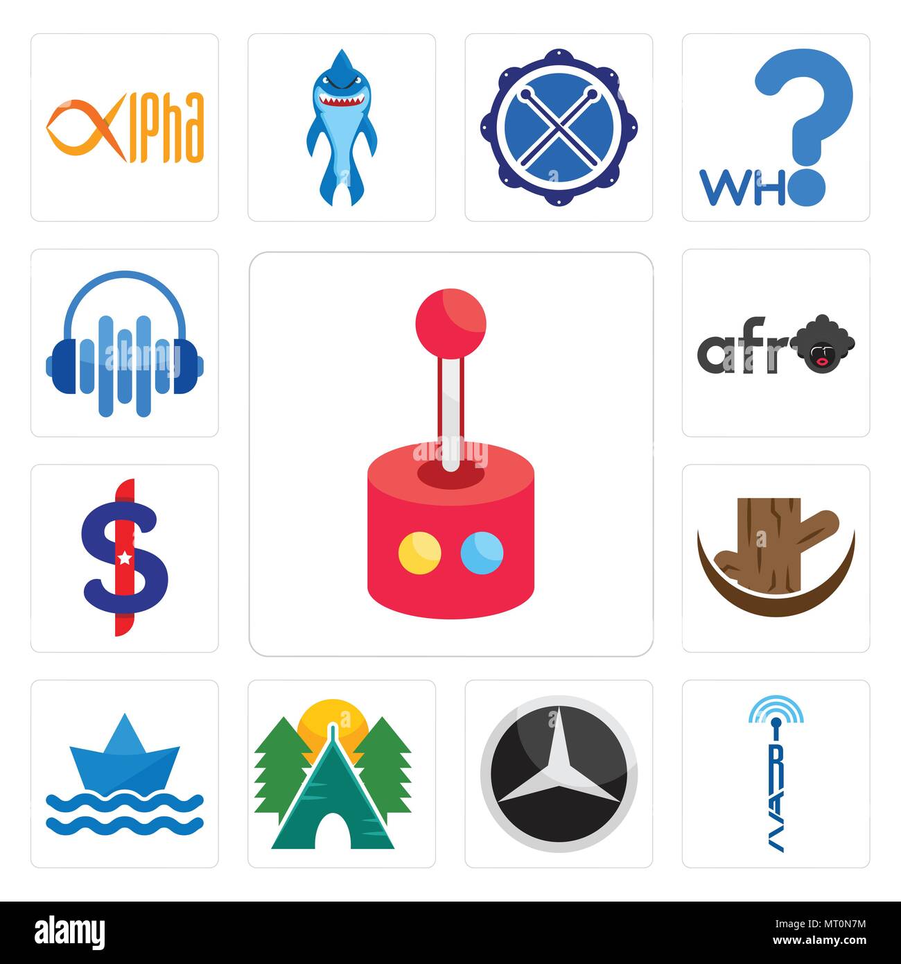 Ensemble de 13 icônes modifiable simple comme retropie, tour radio, Mercedes, camping, paperboat, souche d'arbre, le dollar américain, afro, visual audio peut être utilisé fo Illustration de Vecteur