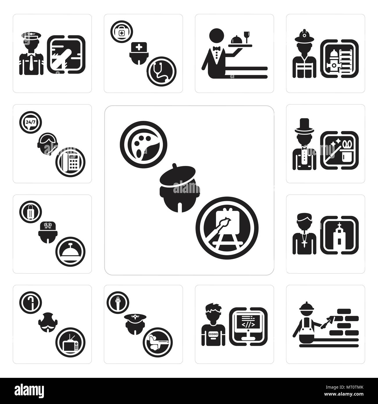 Ensemble de 13 icônes modifiable simple comme peintre, ouvrier du bâtiment, programmeur, pilote, pensionné, Prêtre, Magicien, Concierge, le soutien peut être utilisé f Illustration de Vecteur