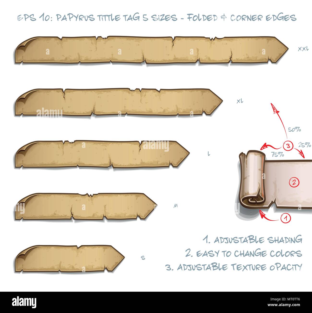 Vector Illustration d'un défilement avec Tag Tittle Papyrus plié et bords de coin. Ensemble de cinq Petites Moyennes Grandes tailles et deux très grandes. L'élément de tous les Illustration de Vecteur