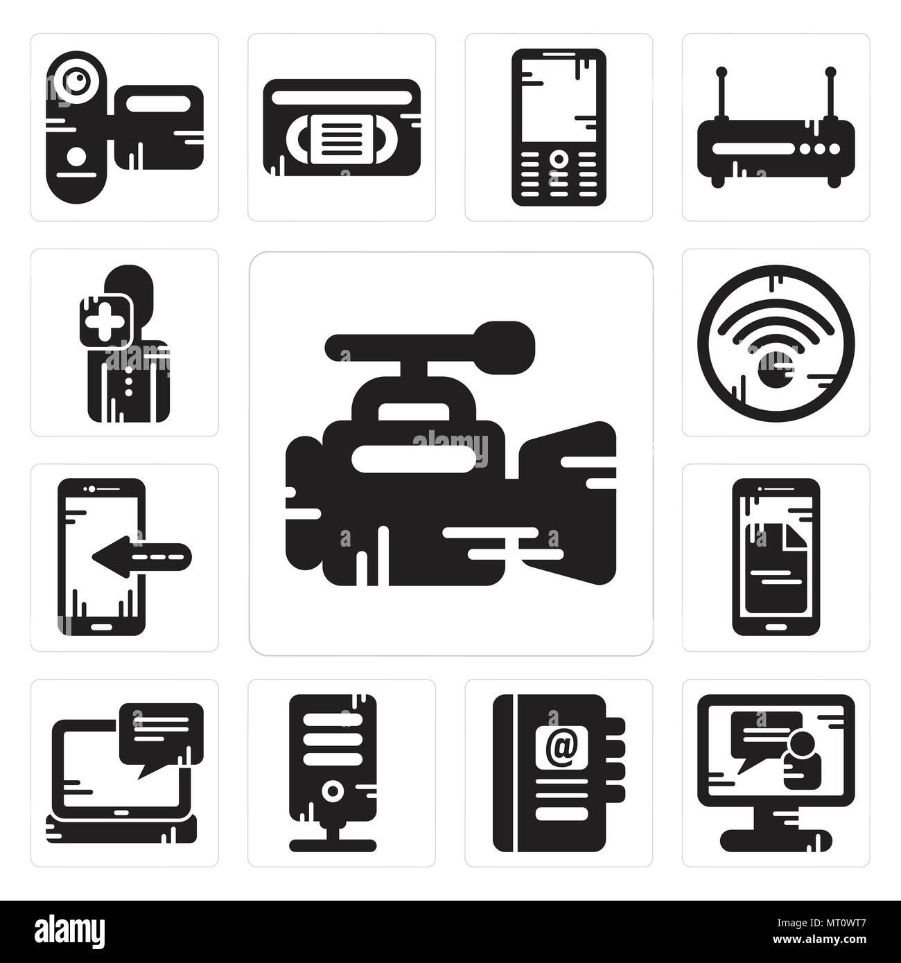 Ensemble de 13 icônes modifiable simple tels que caméra vidéo, d'appel, l'ordre du jour, le serveur, ordinateur portable, Smartphone, connexion Wi-Fi gratuite, d'utilisateur peut être utilisé pour le mobile, l'interface utilisateur web Illustration de Vecteur