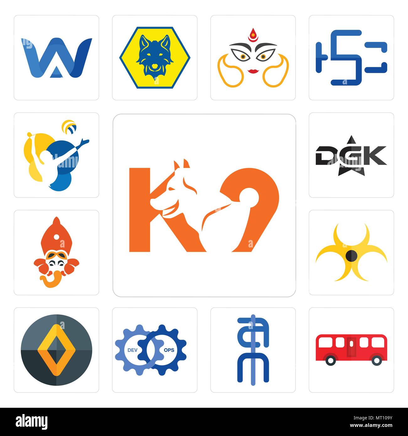Ensemble de 13 icônes modifiable simple comme k9, bus, ain, devops, renault, biohazard, siddhivinayak dgk, volley-ball, peut être utilisé pour le mobile, l'interface utilisateur web Illustration de Vecteur